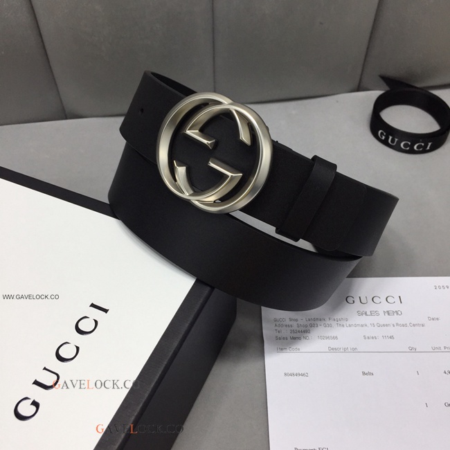 Gucci Leather Men's Belt Palladium Interlocking GG Buckle